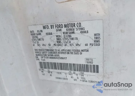 2008 Ford F-150 Xl/Xlt z USA, uszkodzony, nr VIN 1FTVX14568KE55917